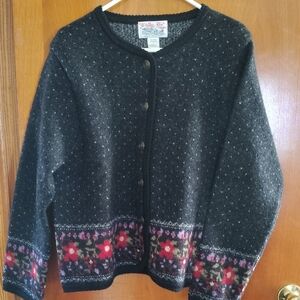 Orvis Black and Red Floral Cardigan Sweater